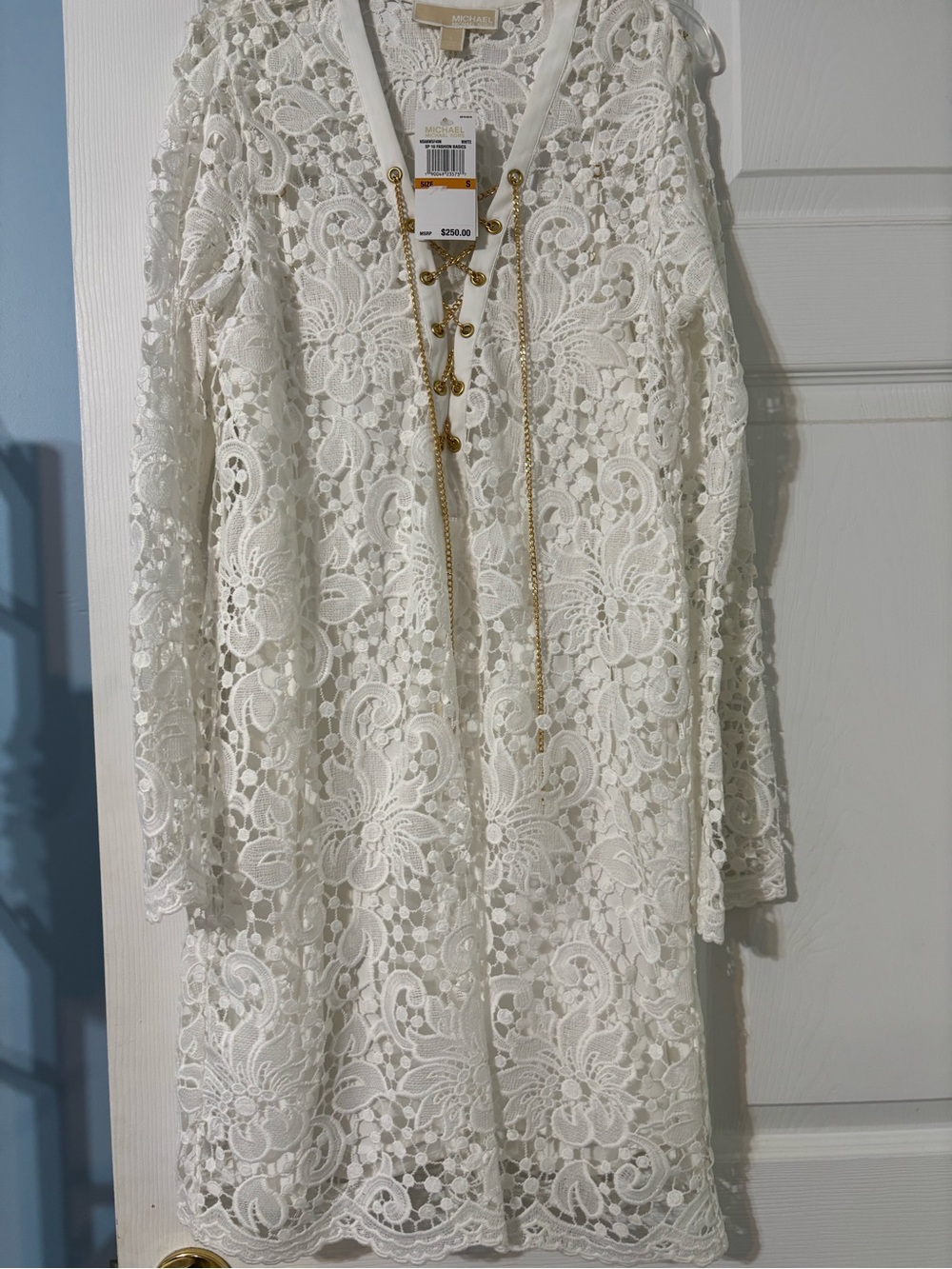 Michael Kors White Lace Dress with Gold Chain Accents